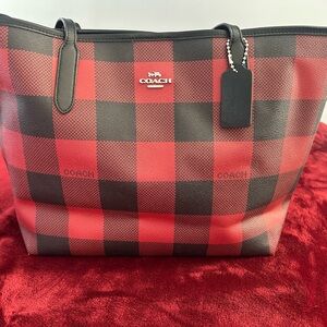 Coach Red and Black Buffalo Plaid Tote with Leather Trim